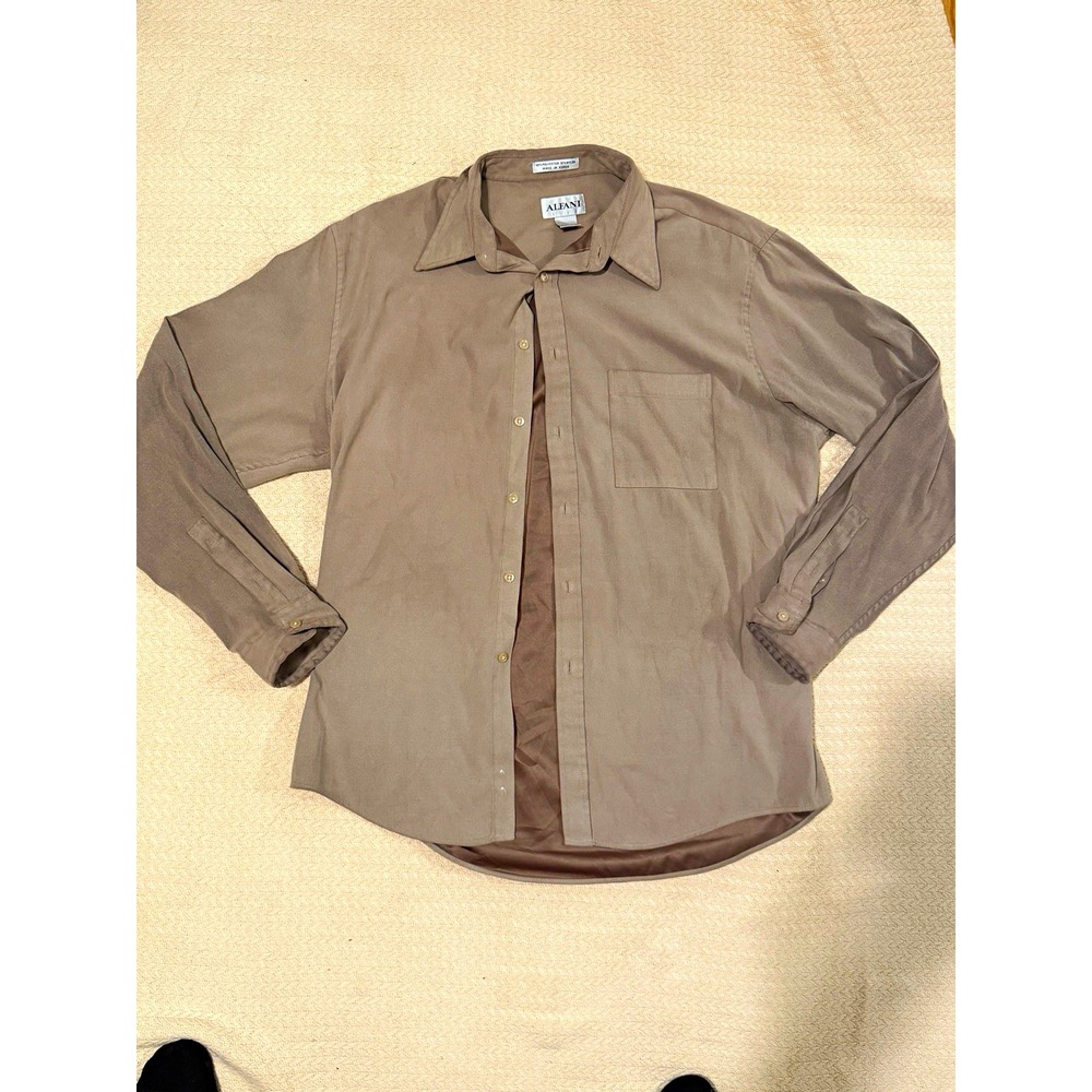 Vintage Alfani Men's Large Taupe Button Up Shirt Made Korea Lined 90s Long
